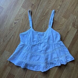 Midnight Sky white cotton linen crop lace tiered swing babydoll cami top L NEW